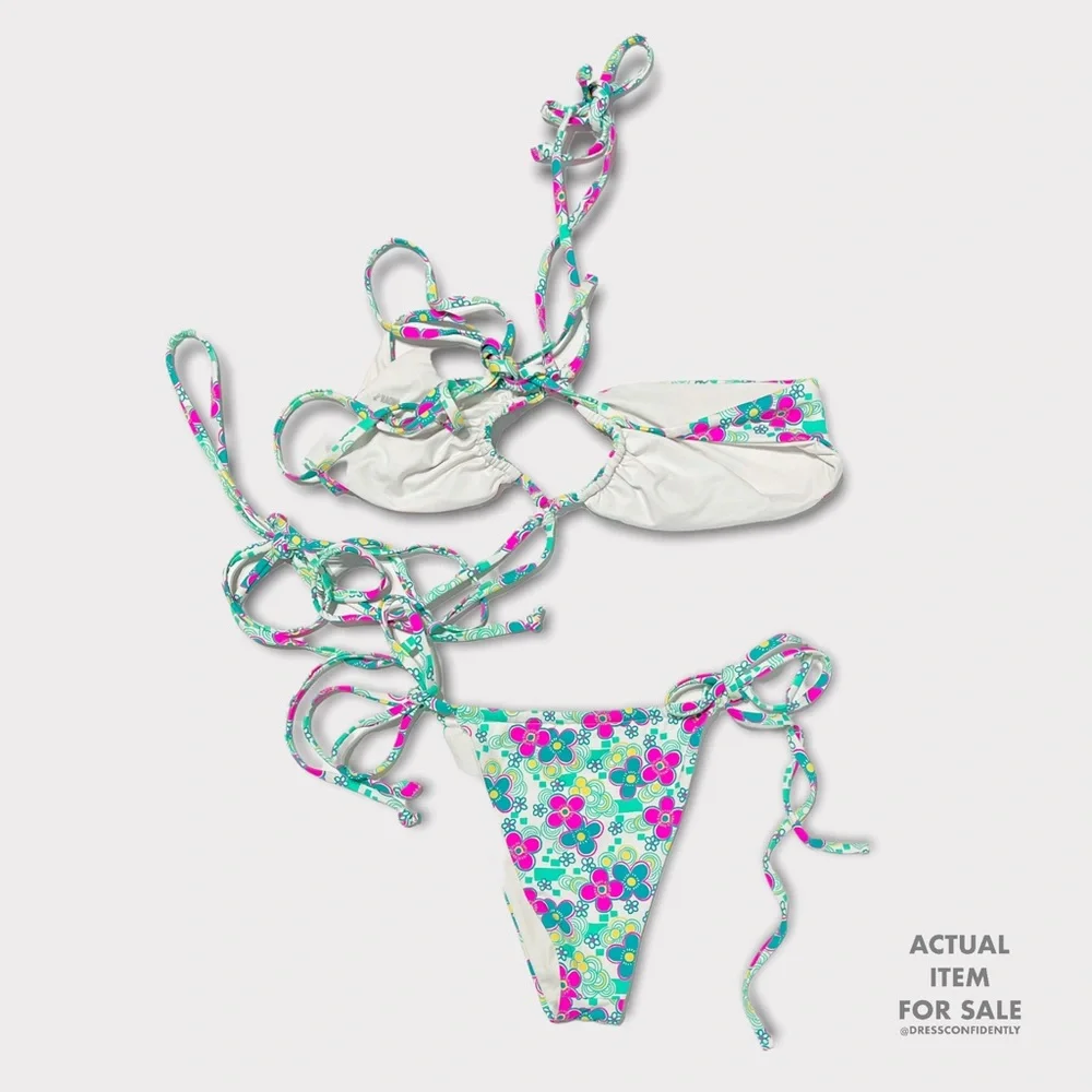 Frankie's Bikinis Mint Floral Strappy Tie-Side Bikini Set